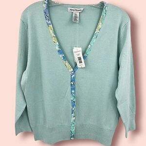 New Rena Rowan Women's L Aqua Green Silk Long Sleeve Cardigan with Artsy Print
